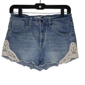 Mossimo Womens High Rise Denim Shorts Medium Wash Crochet Lace Trim Boho‎ Size 2